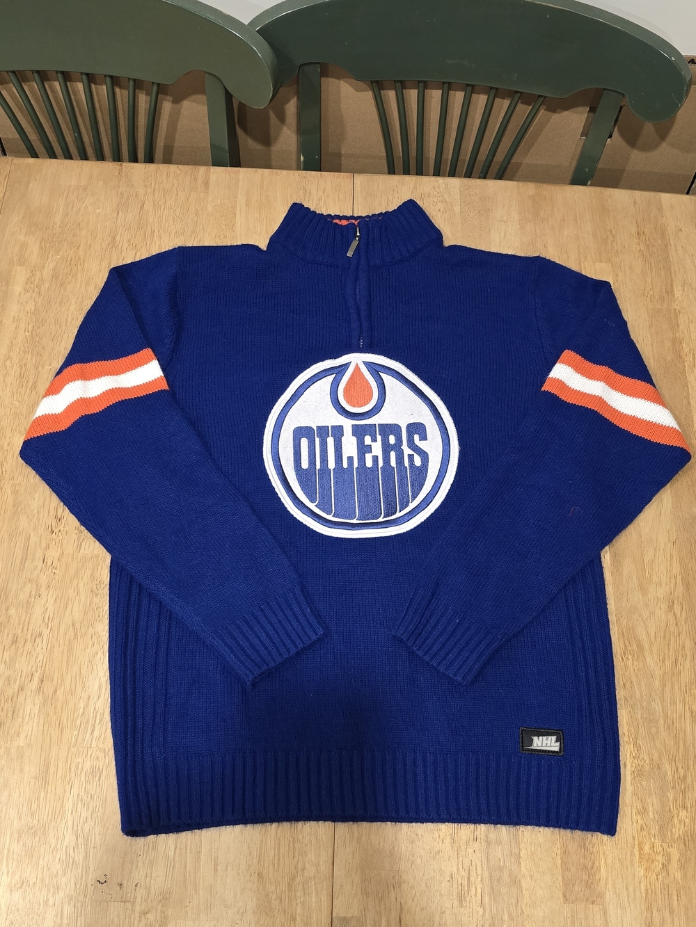 Vintage NHL Royal Blue Oilers Zip-Up Knit Pullover with Orange & White Stripes